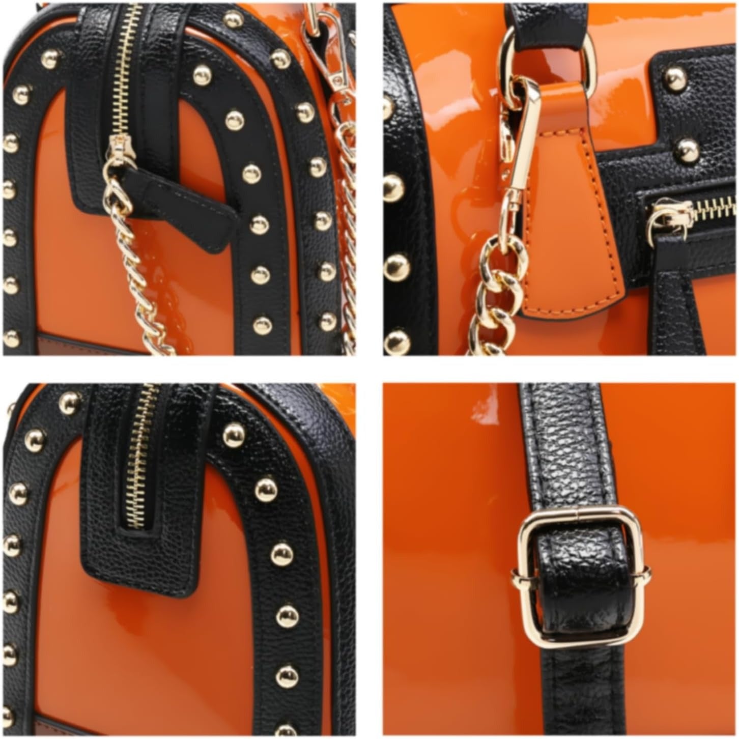 Women's Barrel Bag Shiny Patent Faux Leather Handbag with Rivet Decoration Top Handle Satchel Shoulder Purse