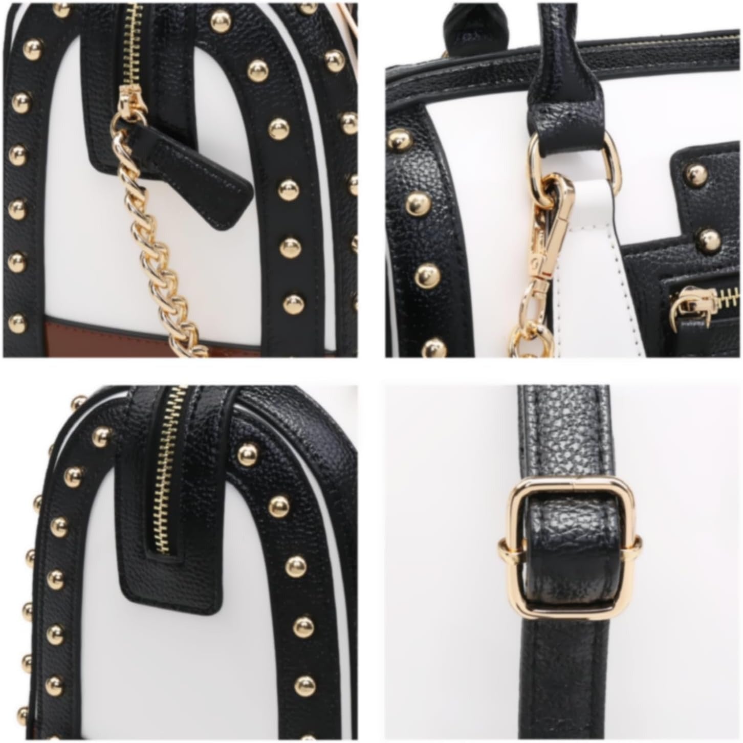 Women's Barrel Bag Shiny Patent Faux Leather Handbag with Rivet Decoration Top Handle Satchel Shoulder Purse