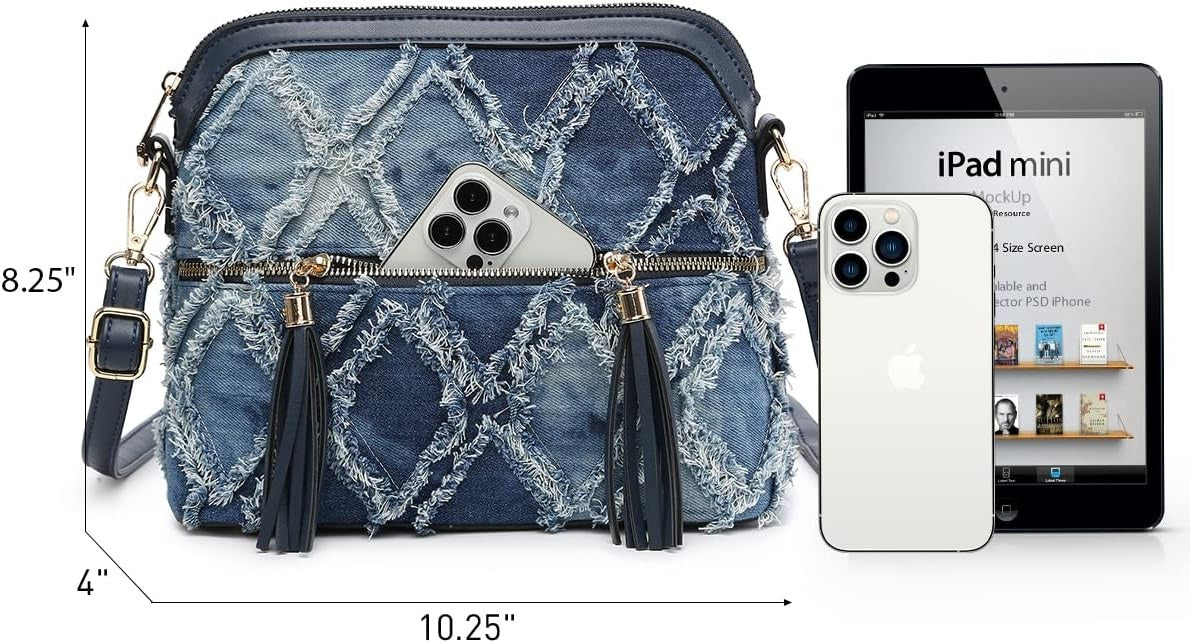 Women Jean Tassel Zipper Pocket Crossbody Bag Shoulder Purse