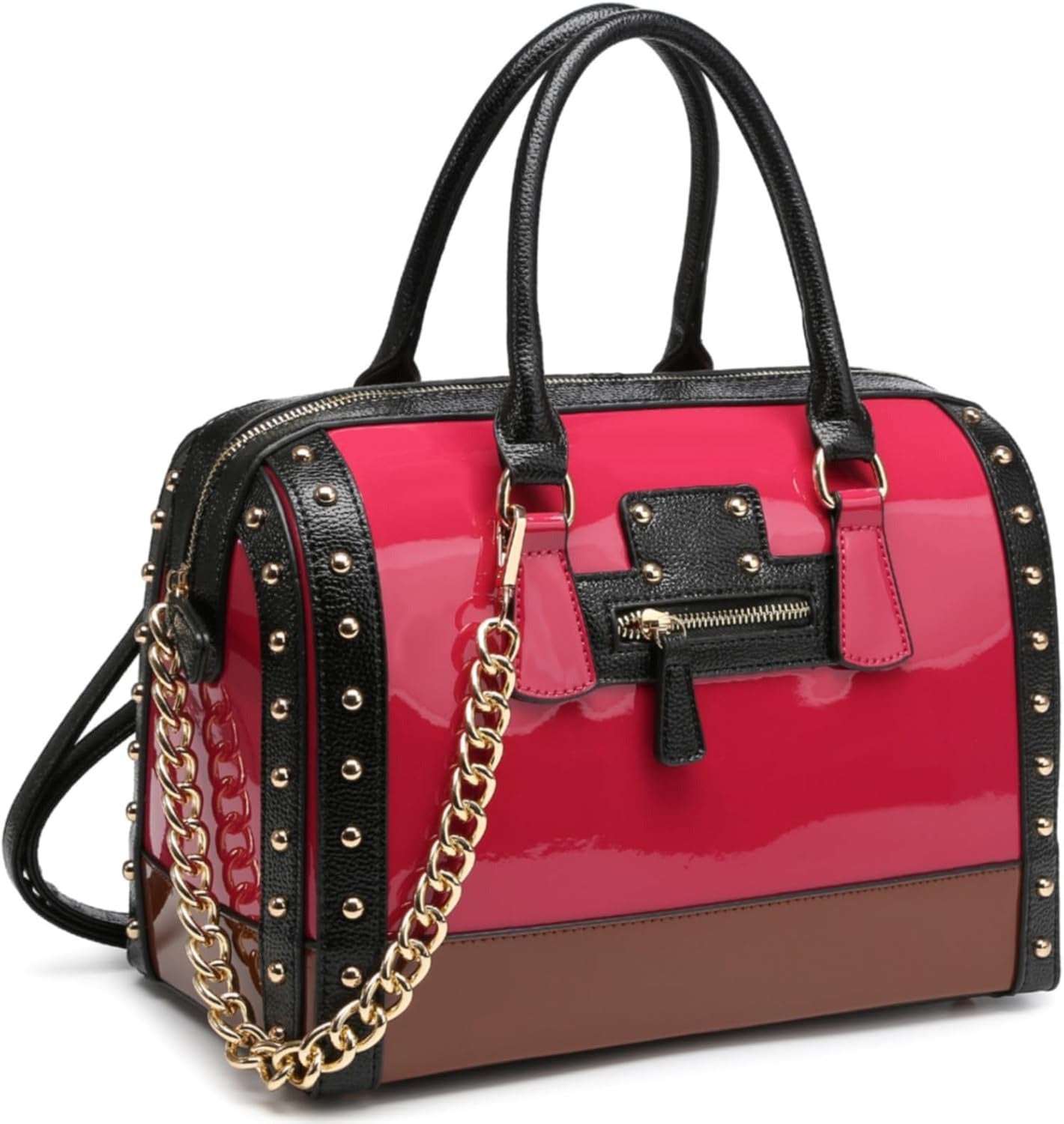 Women's Barrel Bag Shiny Patent Faux Leather Handbag with Rivet Decoration Top Handle Satchel Shoulder Purse