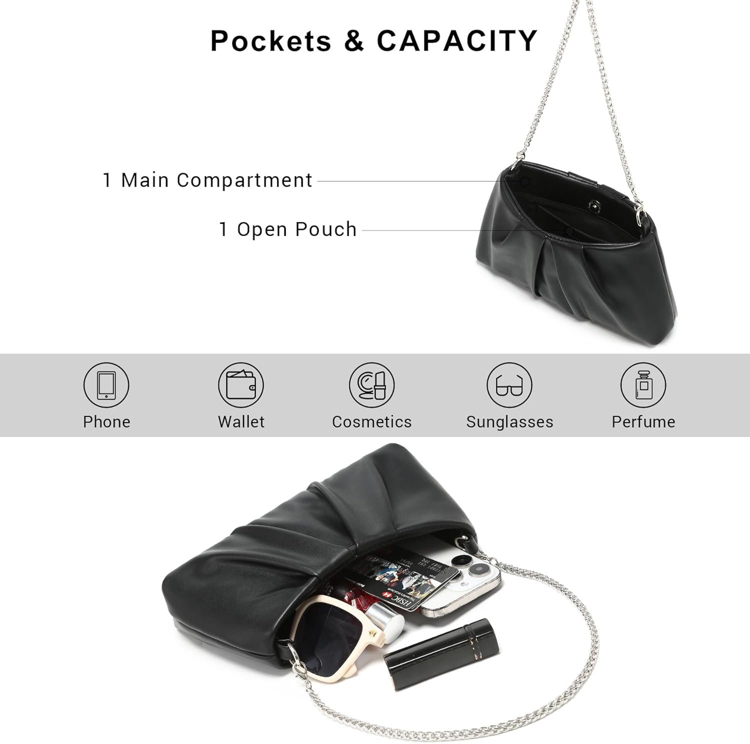 Elegant Pleated Evening Bag Soft Vegan Leather Clutch Purse Dressy Formal Handbag with 2 Chain Straps for Women