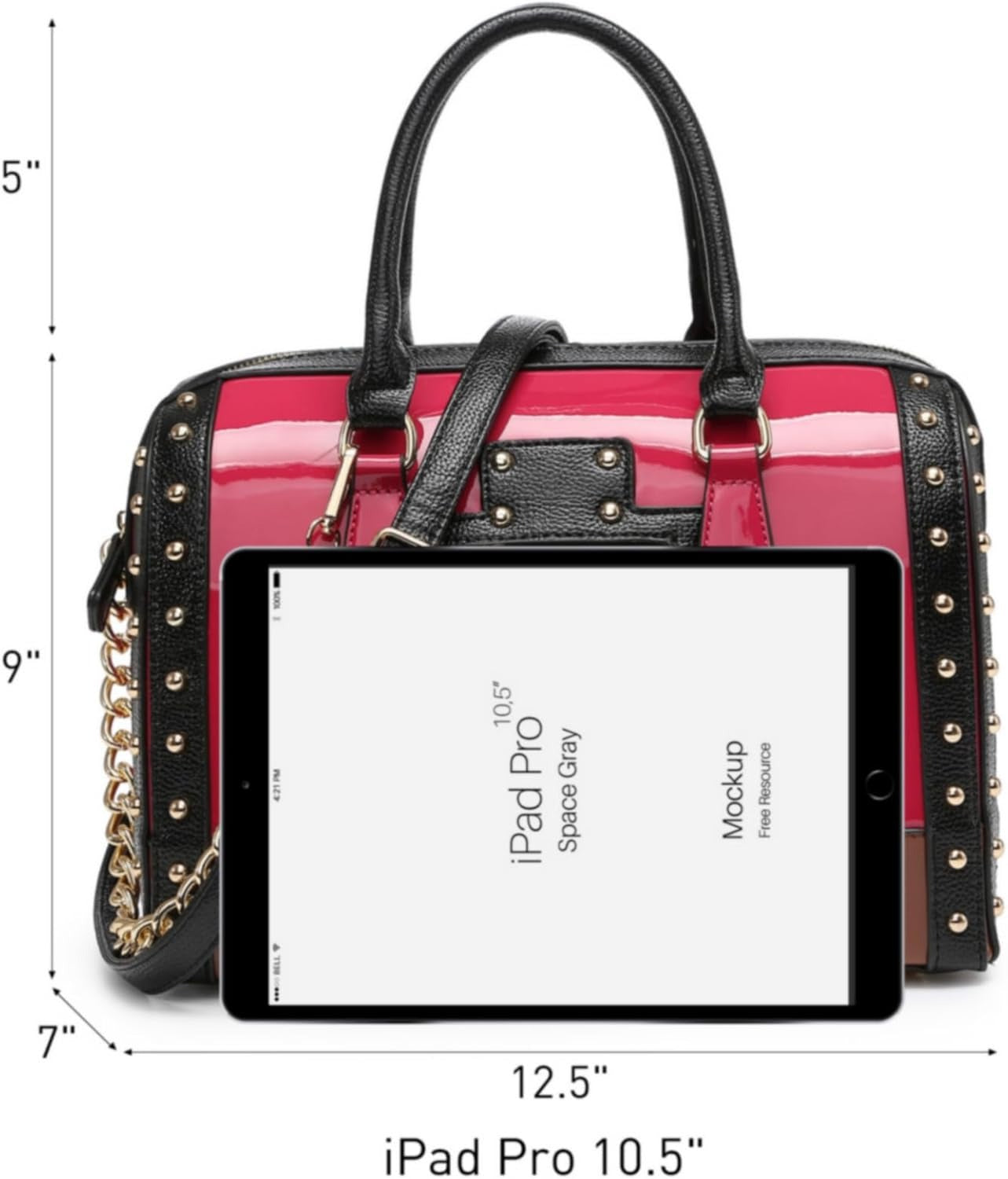Women's Barrel Bag Shiny Patent Faux Leather Handbag with Rivet Decoration Top Handle Satchel Shoulder Purse