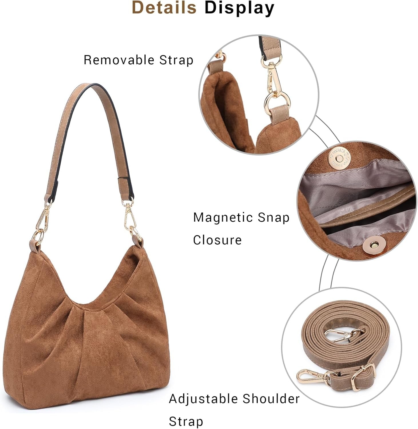 Ruched Hobo Handbag for Women Retro Shoulder Purse Crossbody Bag with 2 Removable Straps