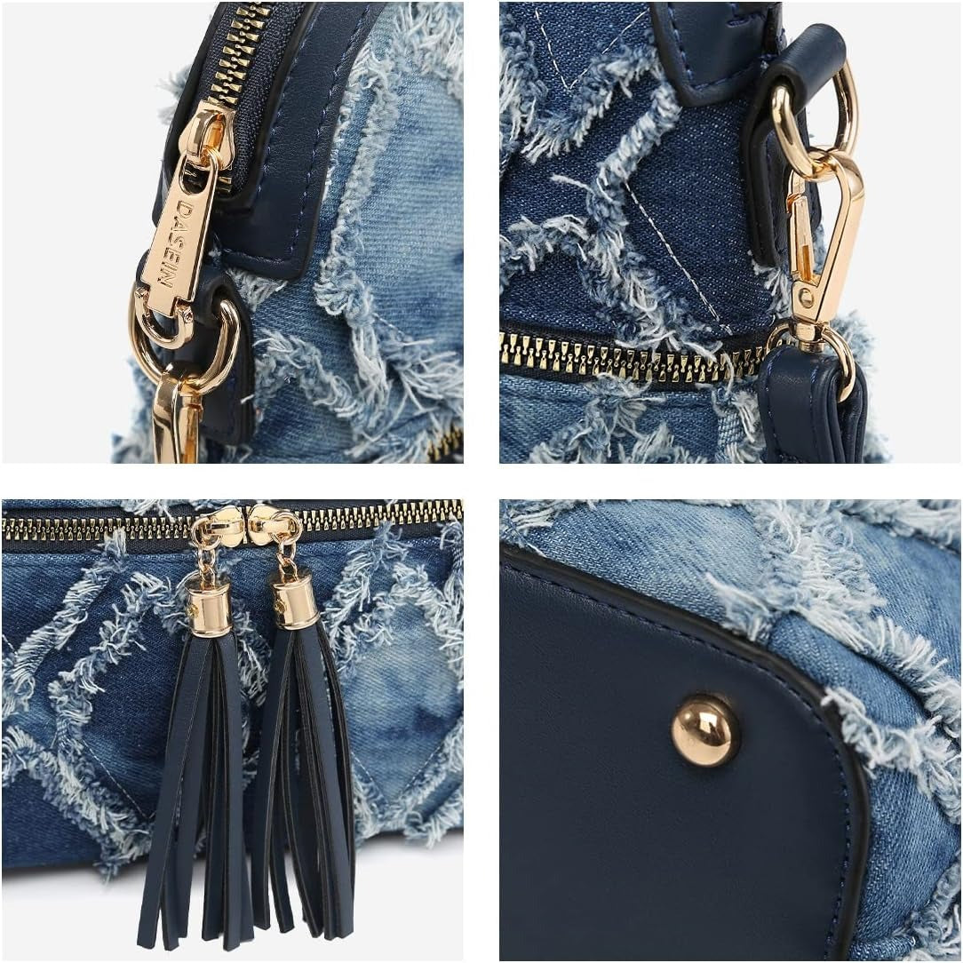 Women Jean Tassel Zipper Pocket Crossbody Bag Shoulder Purse