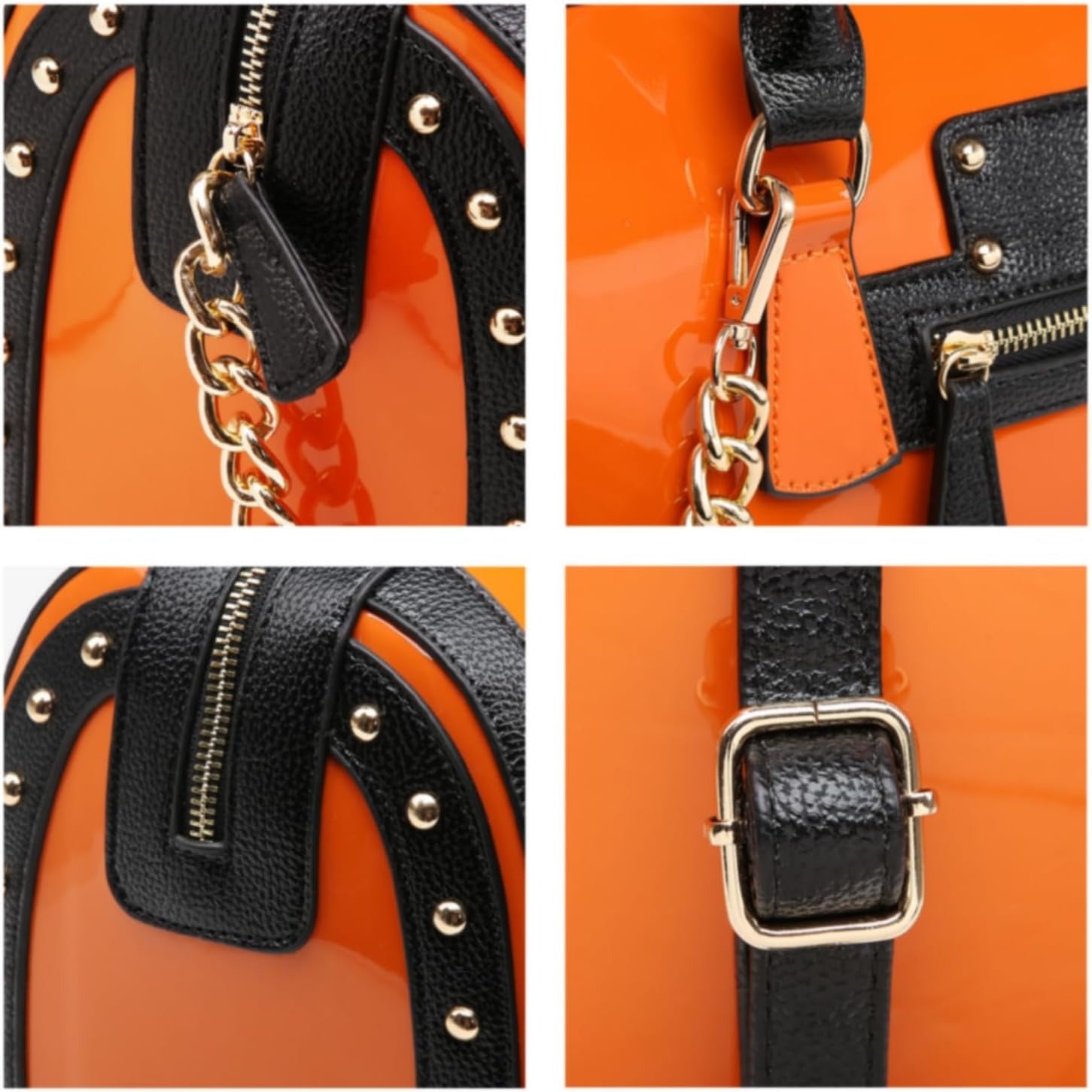 Women's Barrel Bag Shiny Patent Faux Leather Handbag with Rivet Decoration Top Handle Satchel Shoulder Purse