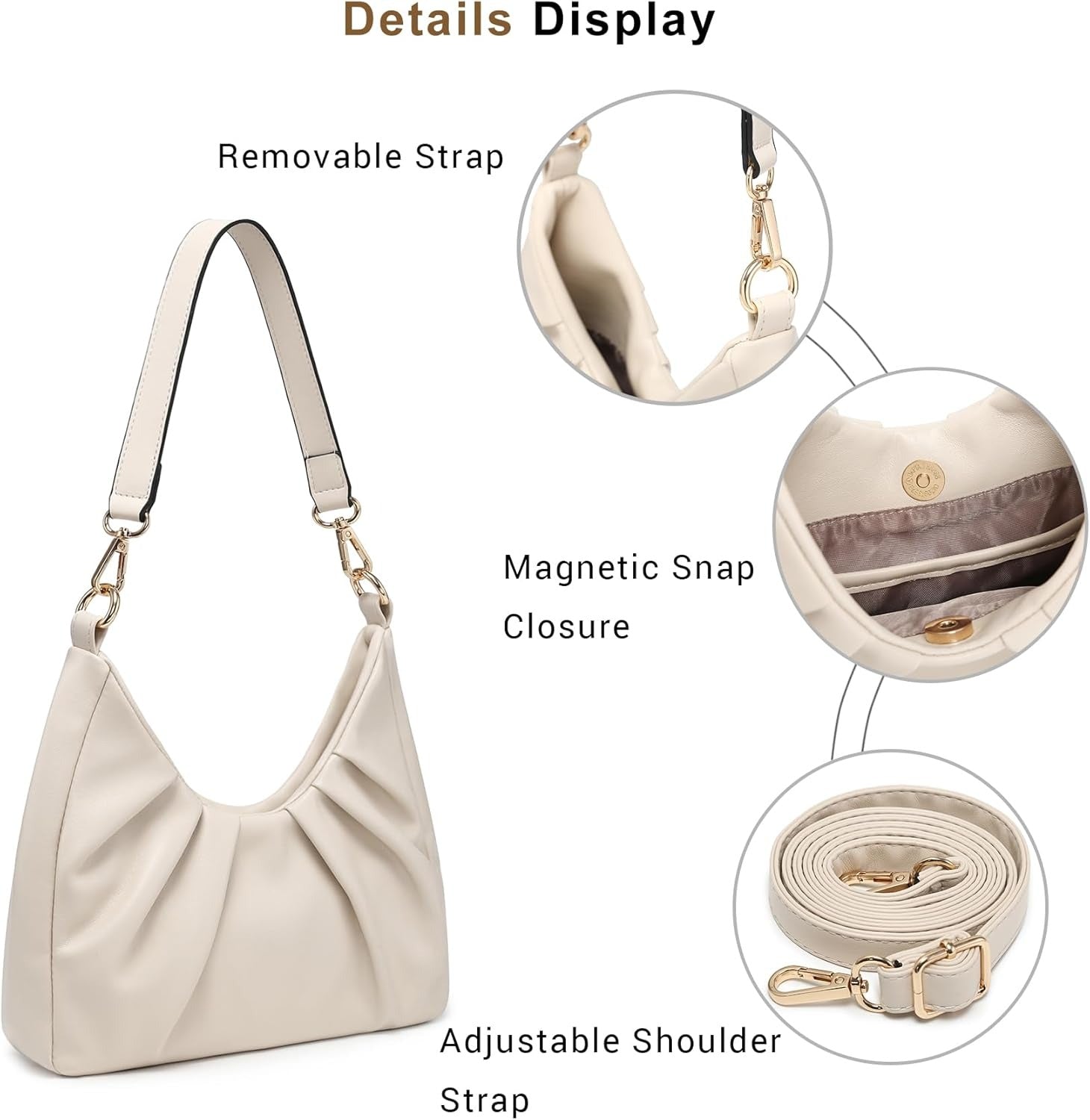 Ruched Hobo Handbag for Women Retro Shoulder Purse Crossbody Bag with 2 Removable Straps