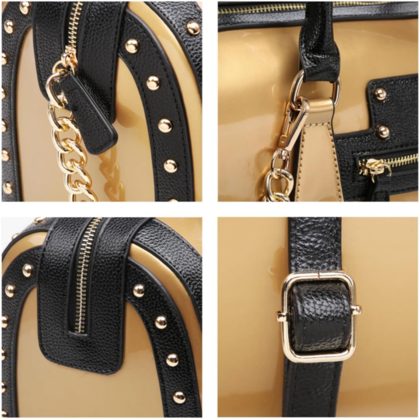 Women's Barrel Bag Shiny Patent Faux Leather Handbag with Rivet Decoration Top Handle Satchel Shoulder Purse