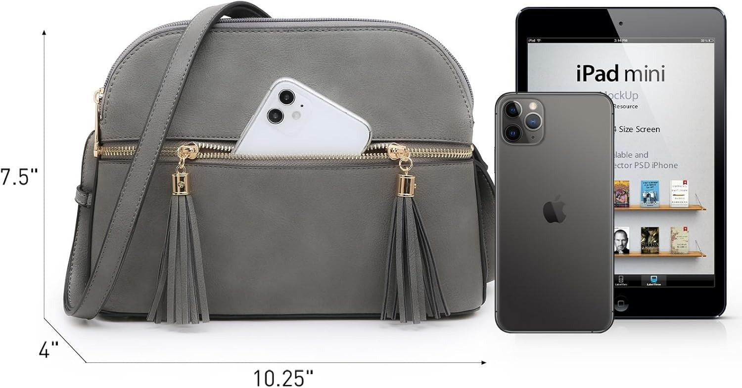 Women Tassel Zipper Pocket Crossbody Bag Shoulder Purse Fashion Travel Bag with Multi Pockets