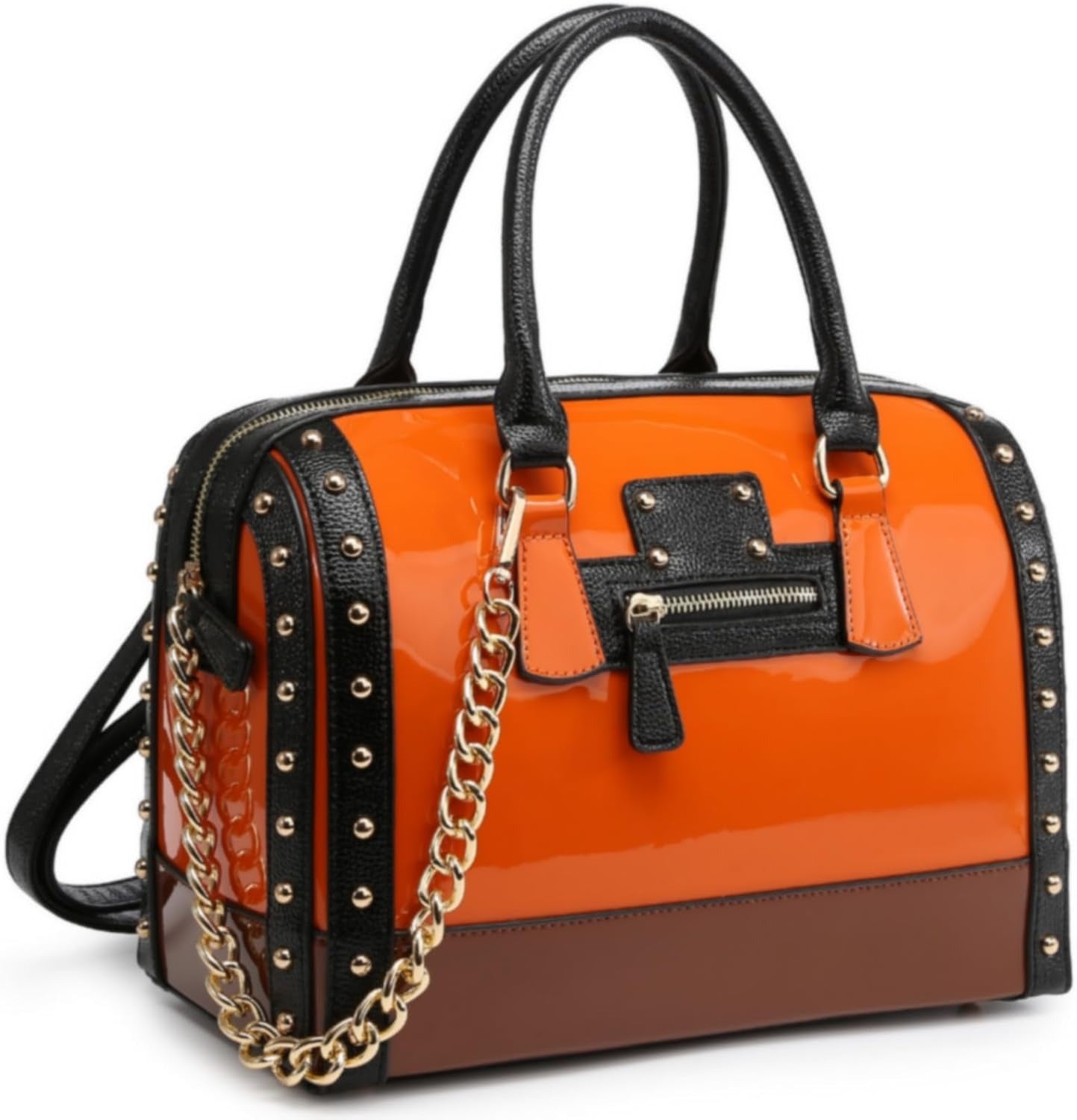 Women's Barrel Bag Shiny Patent Faux Leather Handbag with Rivet Decoration Top Handle Satchel Shoulder Purse