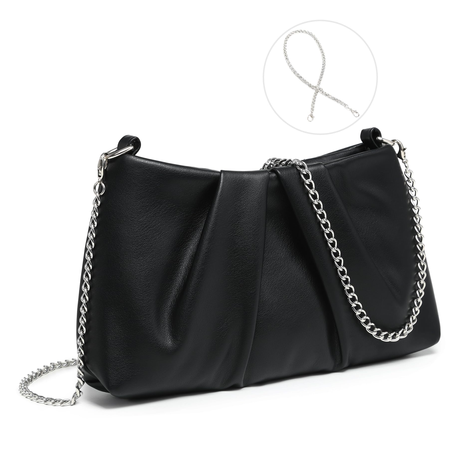 Elegant Pleated Evening Bag Soft Vegan Leather Clutch Purse Dressy Formal Handbag with 2 Chain Straps for Women