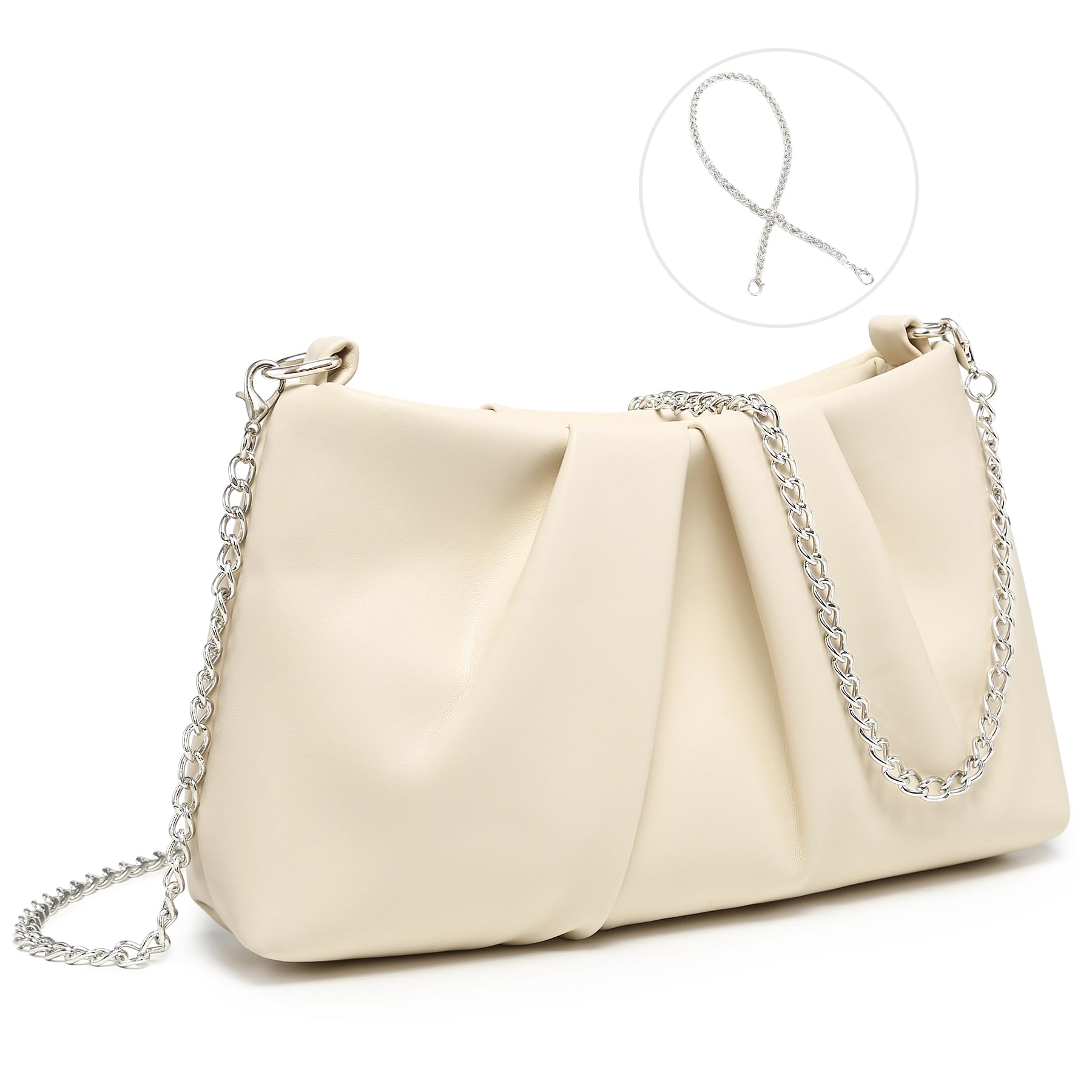 Elegant Pleated Evening Bag Soft Vegan Leather Clutch Purse Dressy Formal Handbag with 2 Chain Straps for Women