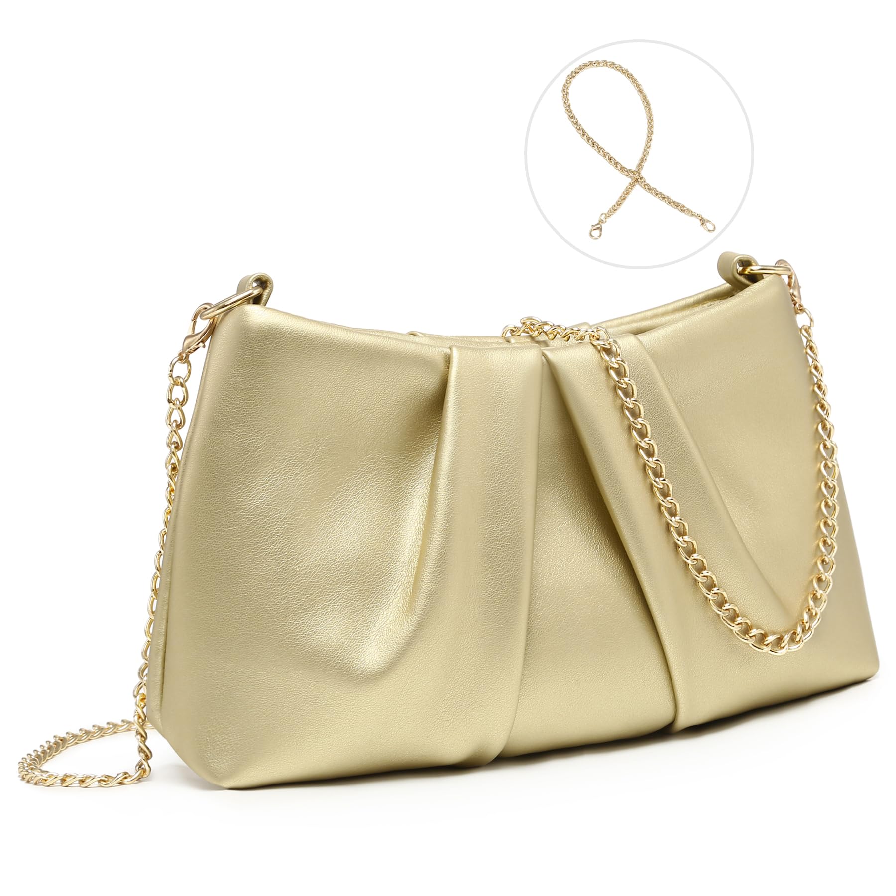 Elegant Pleated Evening Bag Soft Vegan Leather Clutch Purse Dressy Formal Handbag with 2 Chain Straps for Women