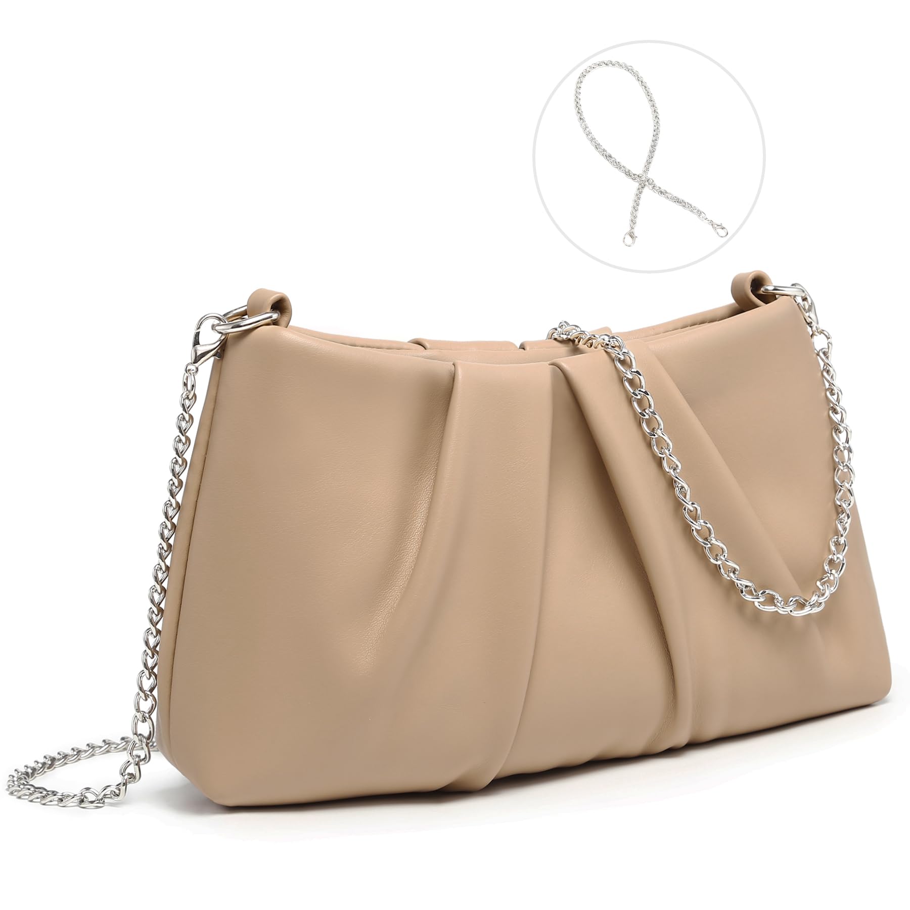 Elegant Pleated Evening Bag Soft Vegan Leather Clutch Purse Dressy Formal Handbag with 2 Chain Straps for Women