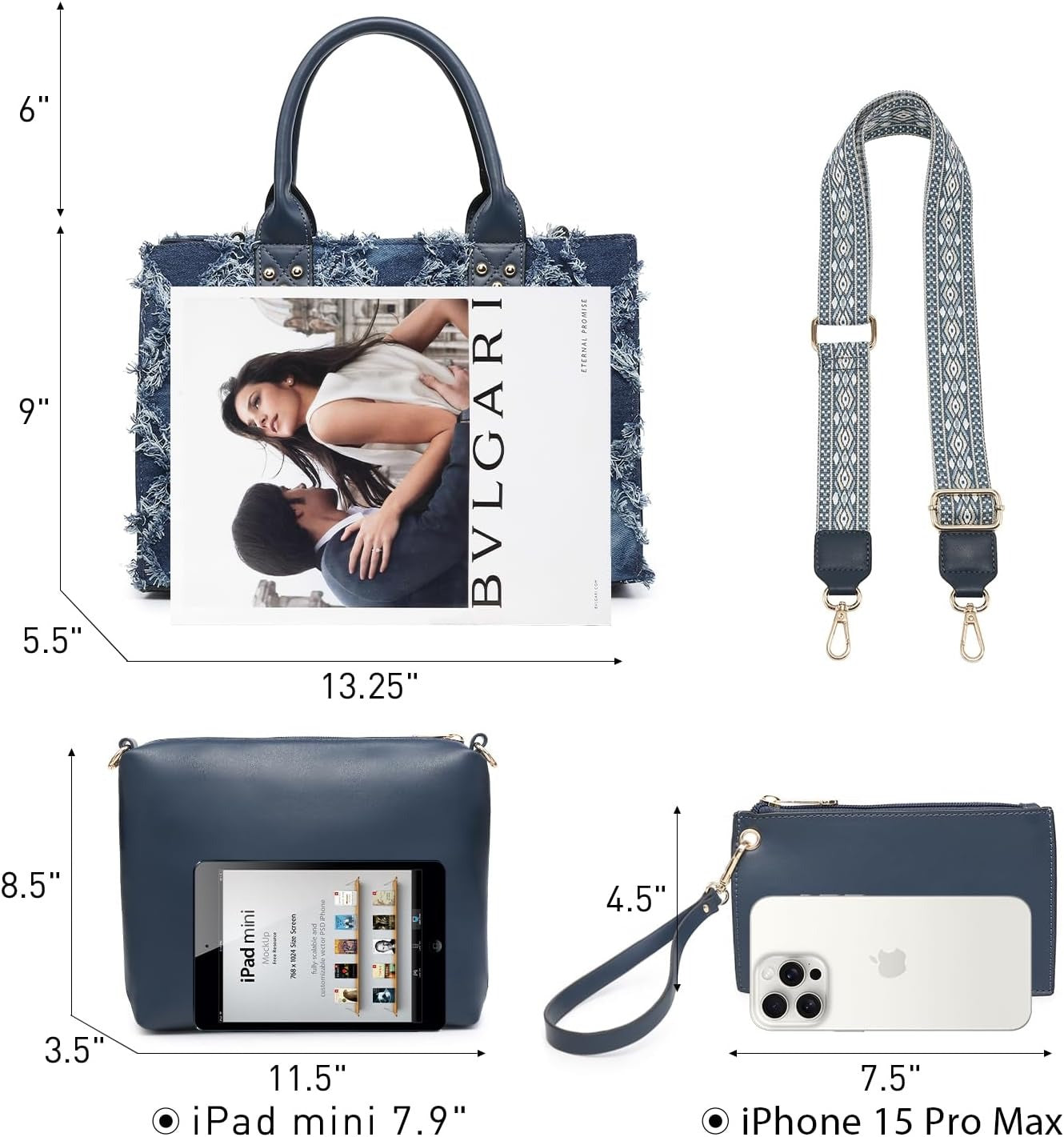 Denim Purses Handbags for Women Tote Wallet Set Top Handle Satchel Shoulder Hobo Bag