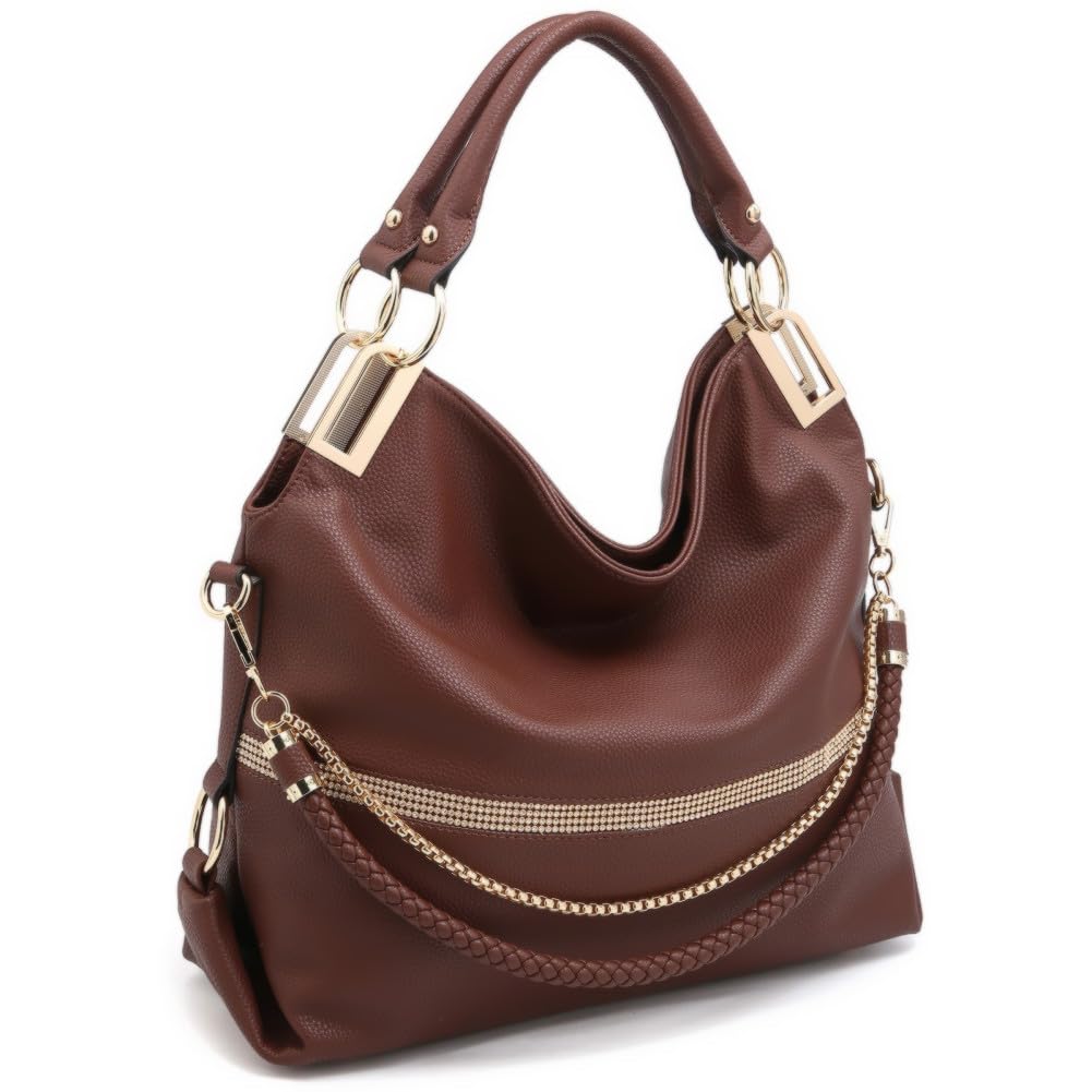 Women's Large Hobo Bag with Rhinestone Accents Vegan Leather Tote Purse Shoulder Handbag for Ladies